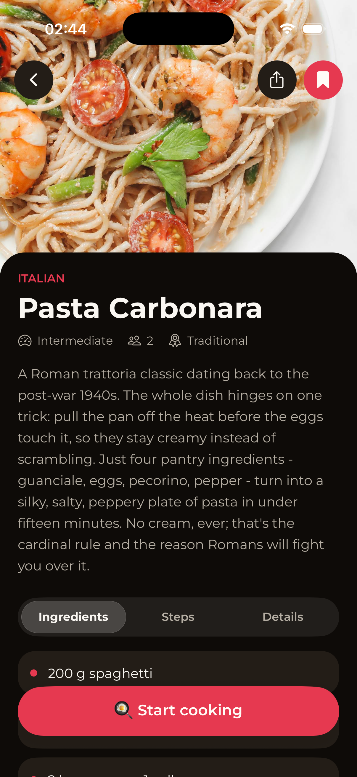 CheffEye app on iPhone showing a Pasta Carbonara recipe generated from a photo, with ingredients, cook time and a Start cooking button.