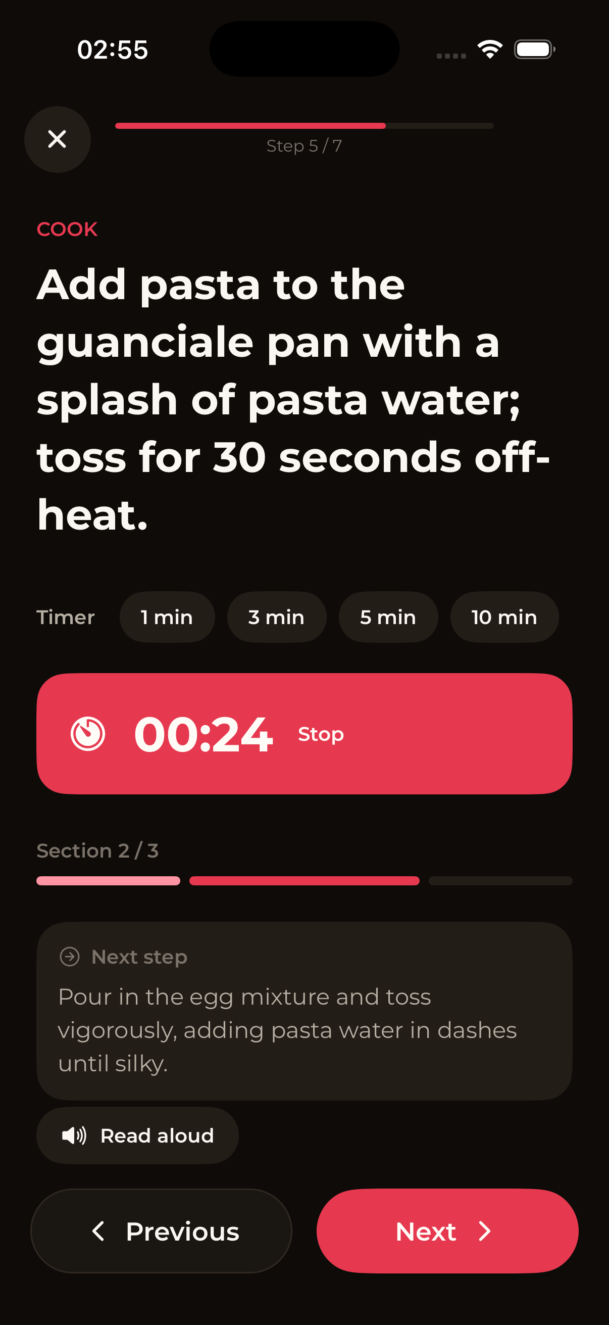 CheffEye Cooking Mode: step 5 of 7 with large text instruction, timer chips, an active 24-second timer, next step preview and Read aloud + Next buttons.