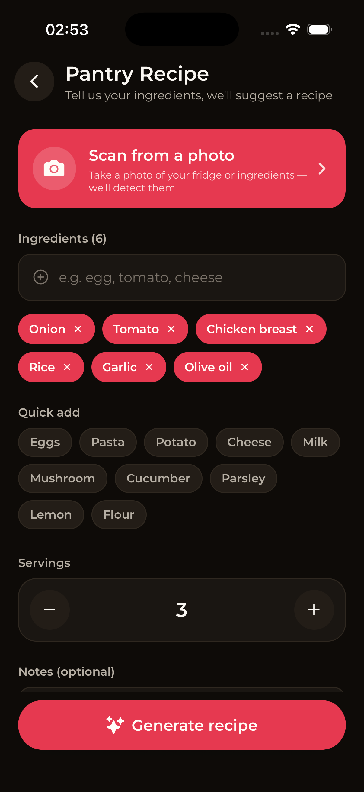 CheffEye Pantry Recipe screen: scan-from-photo card, six ingredients added (onion, tomato, chicken breast, rice, garlic, olive oil), quick add suggestions and Generate recipe button.