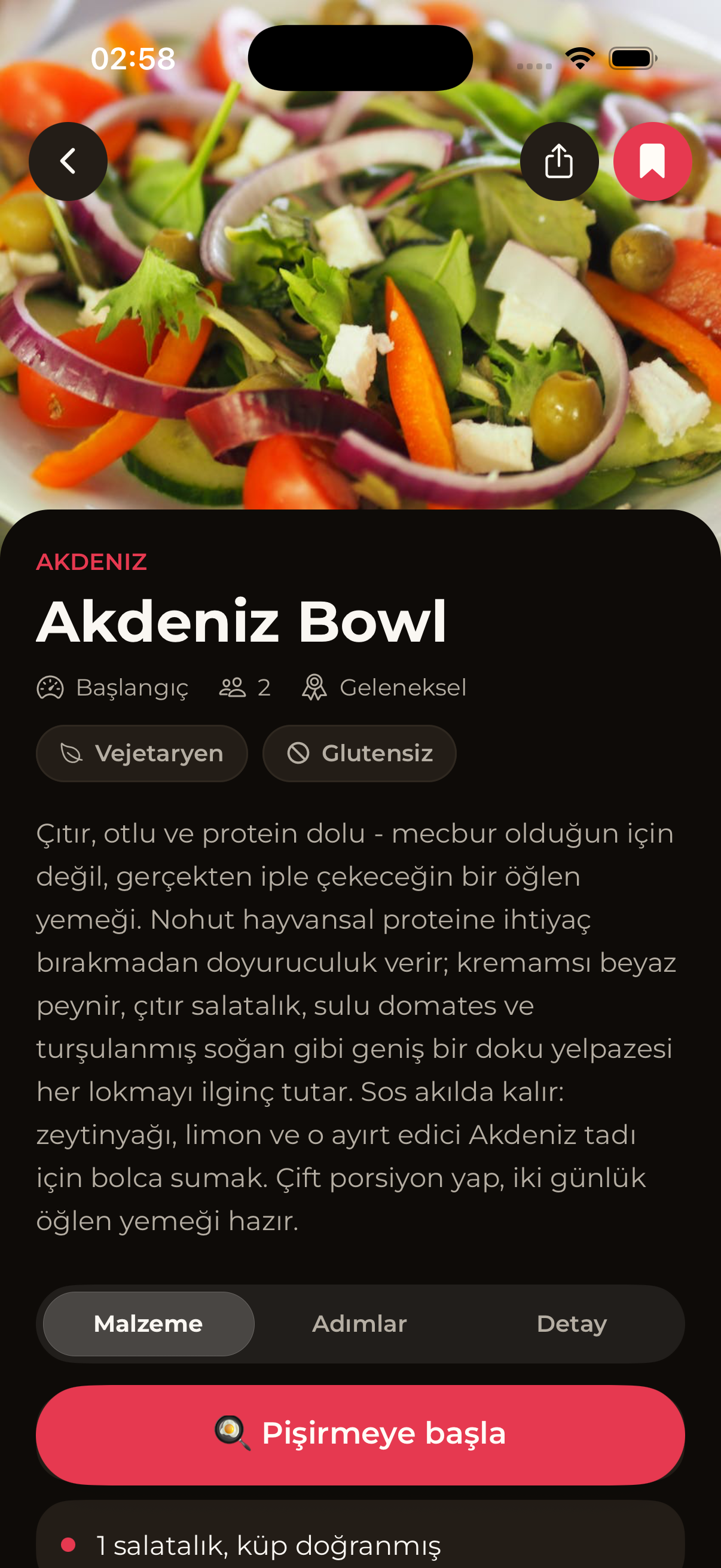 CheffEye tarif detay ekranı: bir Akdeniz bowl tarifi, vejetaryen ve glütensiz rozetleri, malzemeler ve büyük Pişirmeye başla butonu.