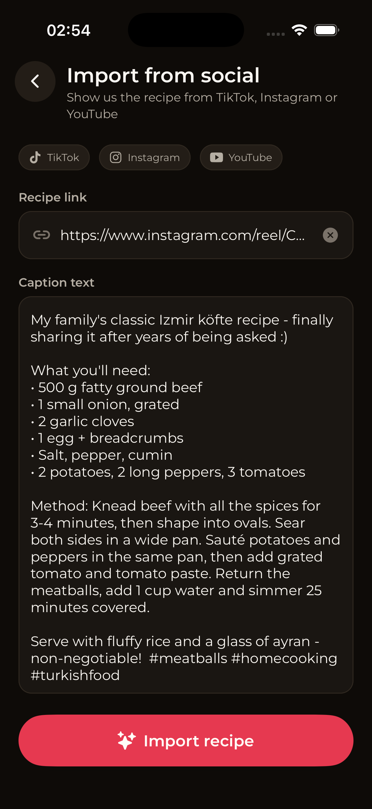 CheffEye Import from social screen: TikTok, Instagram and YouTube source chips, an Instagram reel link pasted and caption preview, with an Import recipe button.